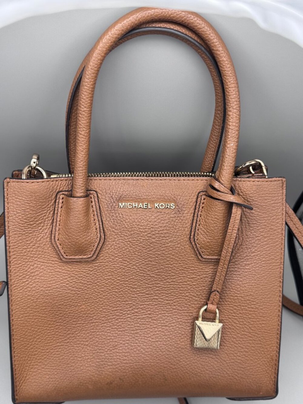 Michael Kors Cognac Leather Crossbody Bag Gold Hardware Zip